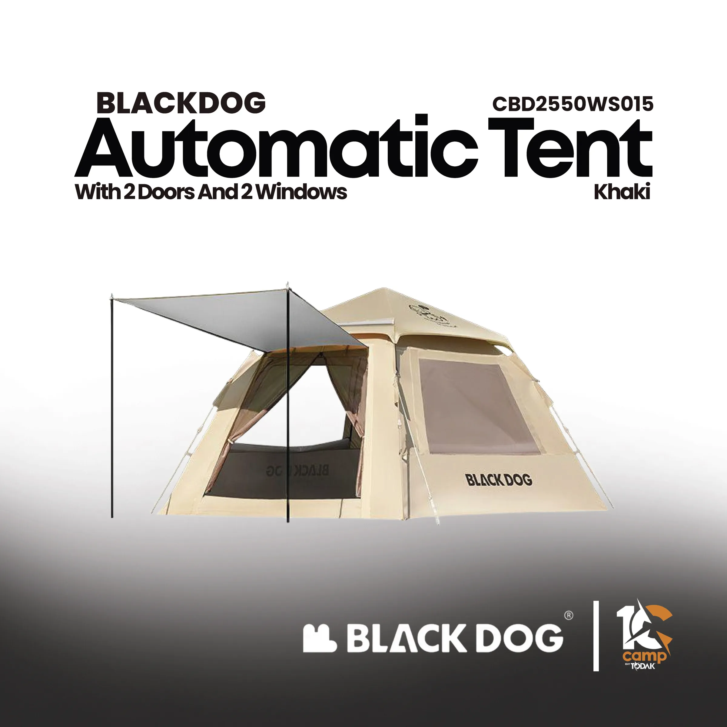 BLACKDOG CBD2550WS015 - Leisure (Xianju) 2.4base - Automatic Tent,Two Doors,Two Windows - Khaki (Ti Black Coat)