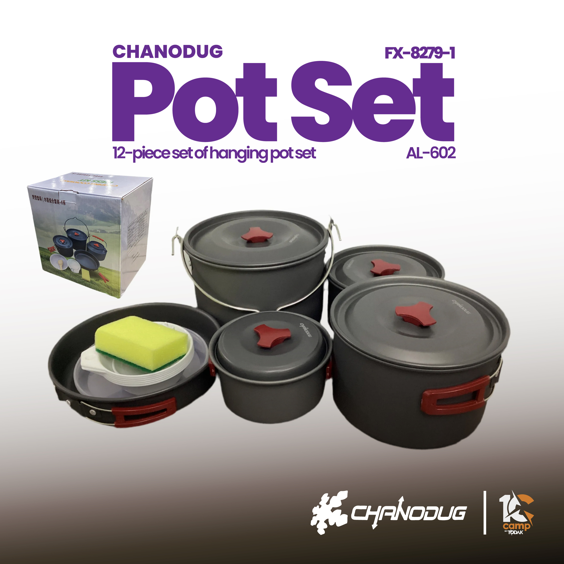 Set Periuk Camping Chanodug 12-Piece dengan Hanging Pot