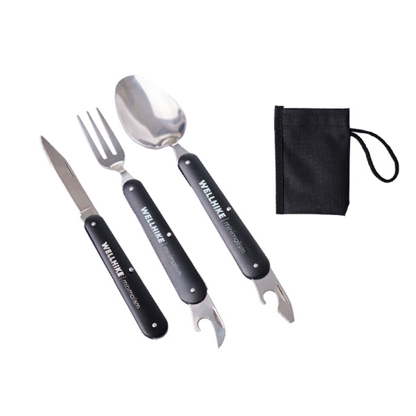 Tactical folding knife, fork and spoon three-piece set